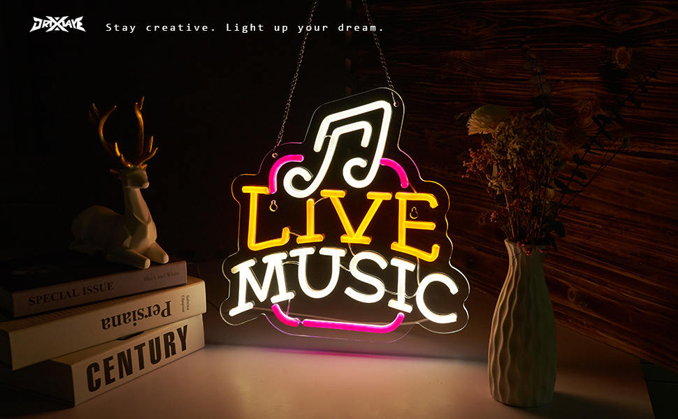 Live Music Neon Sign LED Wall Art for Bedroom, Bar, Studio – USB Powered, Dimmable, Energy-Efficient(12.6x12.6 Inch)