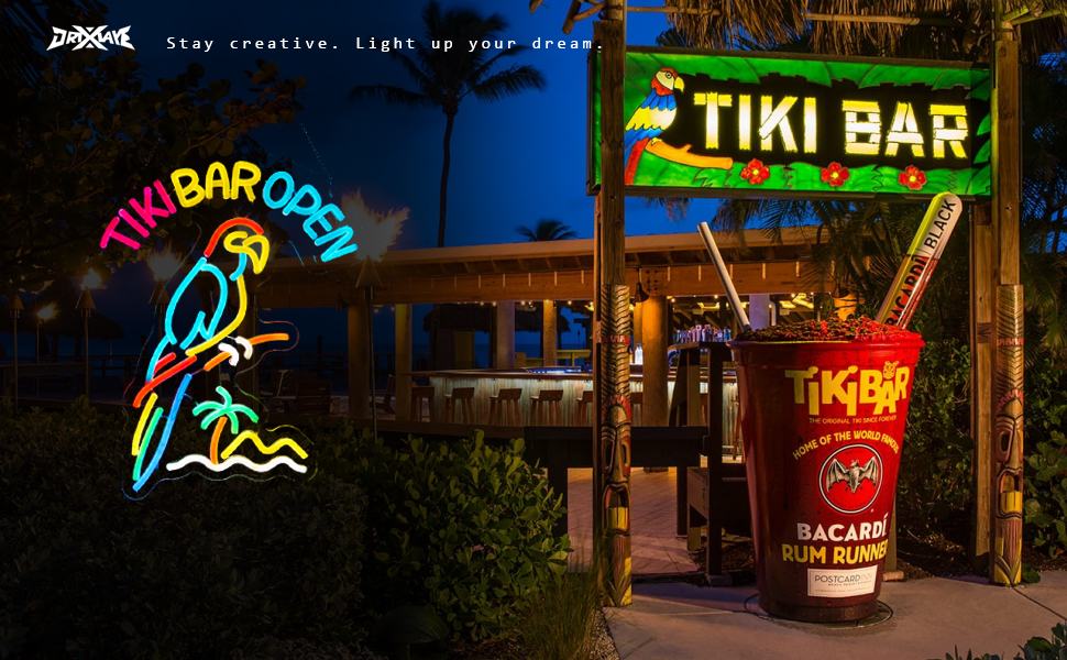 Tiki Bar Parrot Neon Sign for Wall Decor Hawaii Beach Bar LED Sign with Dimmer for Pub Party Man Cave Room Art Decor Gift USB-Powered (16.1x12.6) Inch