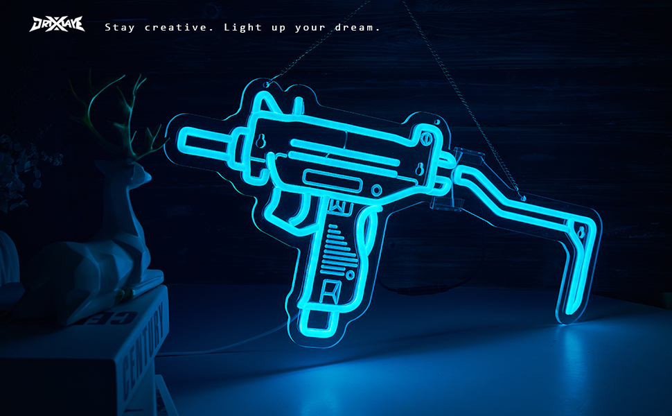Gun Neon Sign UZI Sign for Wall Decor Large Size(23.4x11.2 Inch) Smart plug timer compatible USB Powered Man Cave Bedroom Decor