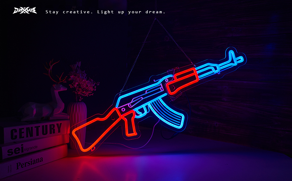 Gun Neon Sign AK 47 Sign for Wall Decor Large Size(26.5x8.7 Inch) Smart plug timer compatible USB Powered Man Cave Bedroom Decor