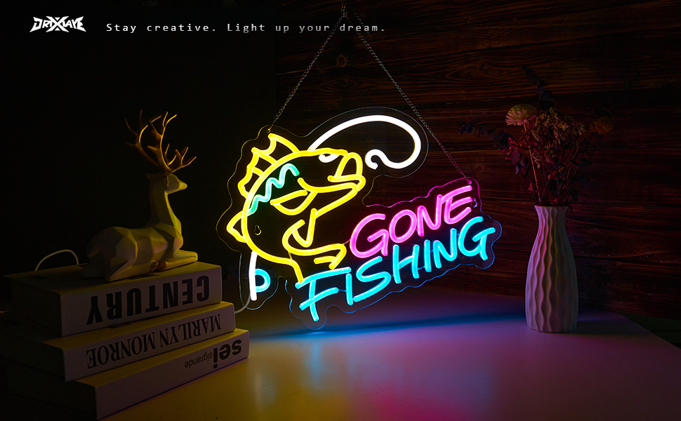 Fishing Neon Sign for Wall Decor Fishing Shop Fishing Gear Store Fisher Club Room Man Cave 5V/2A USB Powered Dimmable