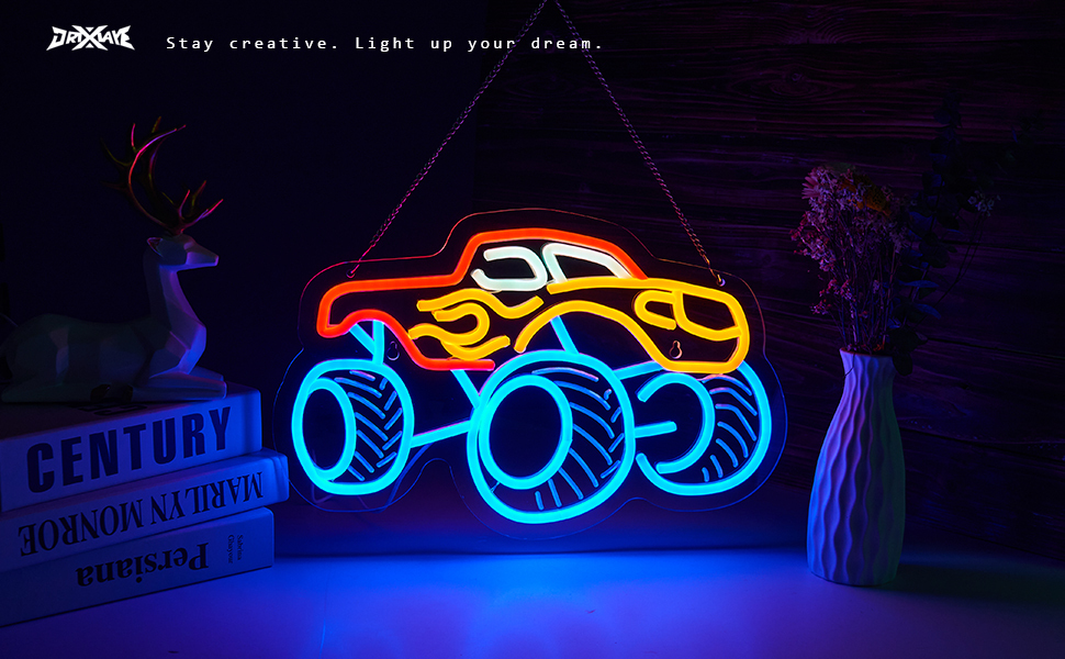 Monster Truck Neon Sign for Wall Decor Teen Room Decor Gifts for Birthday Kids Boys Room Playroom Decor(16 x10.2 in)