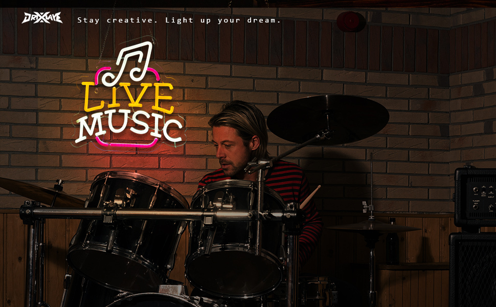 Live Music Neon Sign LED Wall Art for Bedroom, Bar, Studio – USB Powered, Dimmable, Energy-Efficient(12.6x12.6 Inch)