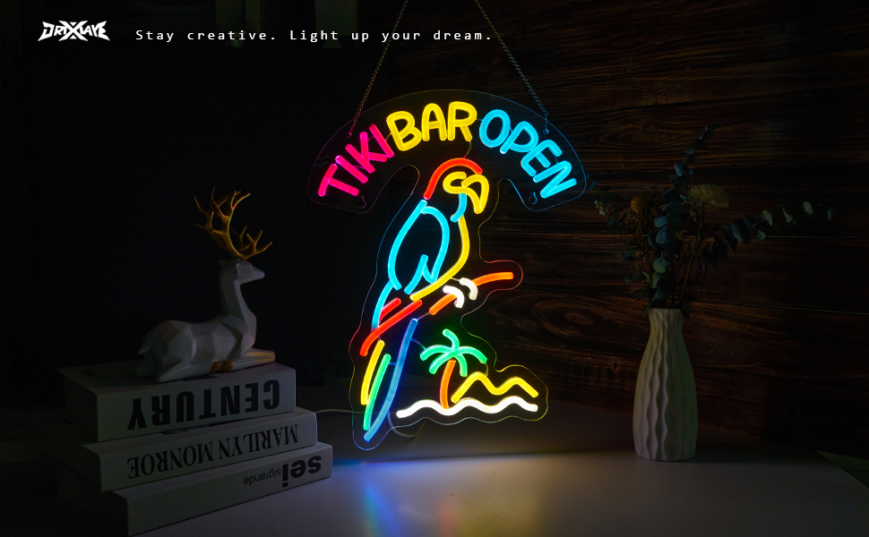 Tiki Bar Parrot Neon Sign for Wall Decor Hawaii Beach Bar LED Sign with Dimmer for Pub Party Man Cave Room Art Decor Gift USB-Powered (16.1x12.6) Inch