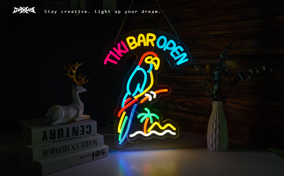 Tiki Bar Parrot Neon Sign for Wall Decor Hawaii Beach Bar LED Sign with Dimmer for Pub Party Man Cave Room Art Decor Gift USB-Powered (16.1x12.6) Inch