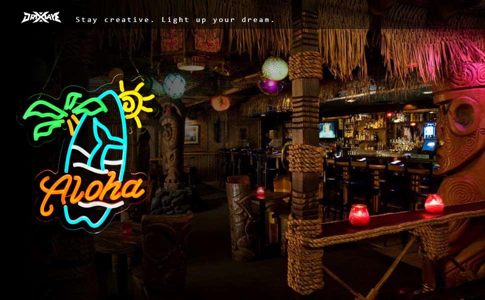 Aloha Palm Tree Tiki Bar Hawaiian Neon Sign for Wall Decor - Dimmable USB Powered