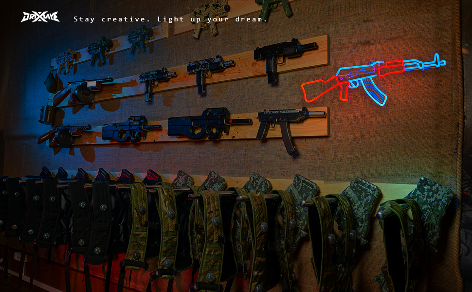 Gun Neon Sign AK 47 Sign for Wall Decor Large Size(26.5x8.7 Inch) Smart plug timer compatible USB Powered Man Cave Bedroom Decor