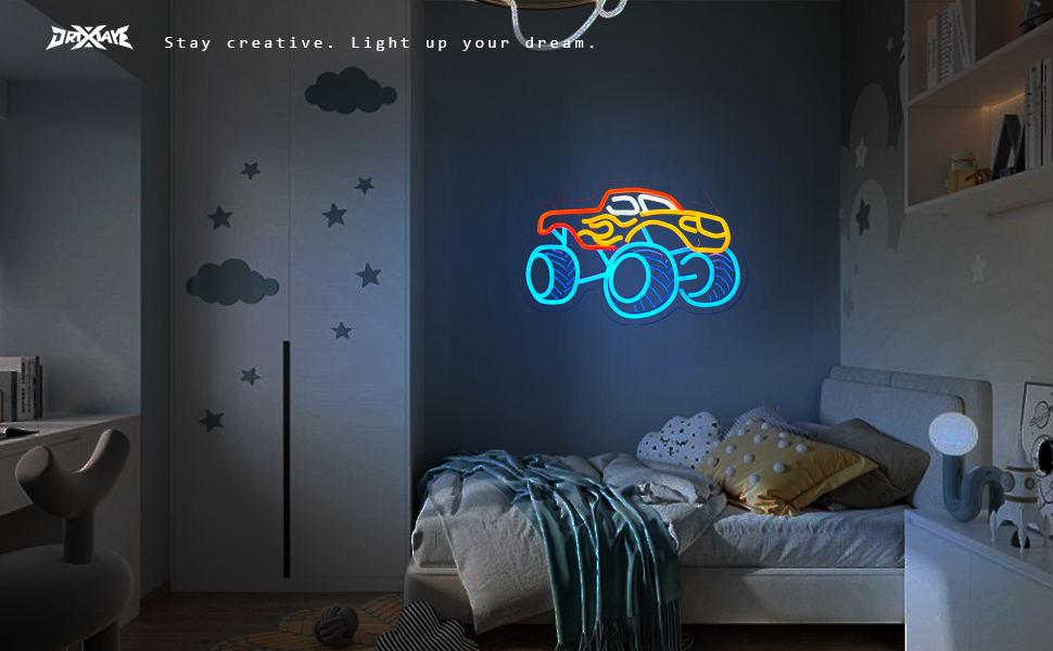Monster Truck Neon Sign for Wall Decor Teen Room Decor Gifts for Birthday Kids Boys Room Playroom Decor(16 x10.2 in)