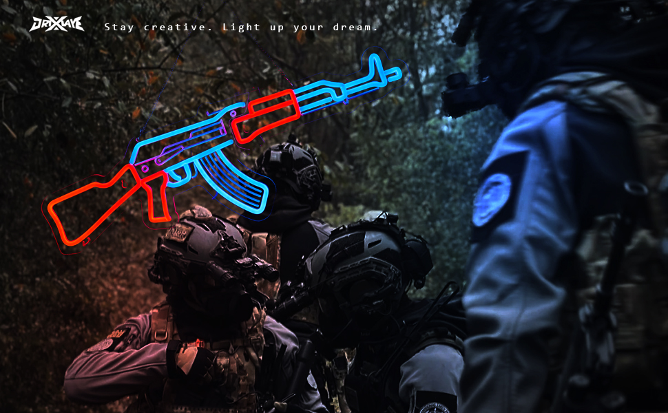 Gun Neon Sign AK 47 Sign for Wall Decor Large Size(26.5x8.7 Inch) Smart plug timer compatible USB Powered Man Cave Bedroom Decor