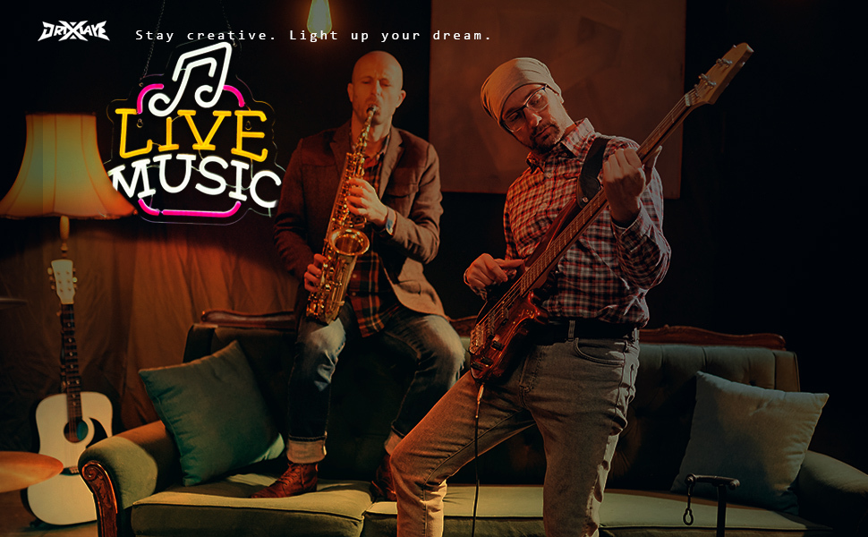 Live Music Neon Sign LED Wall Art for Bedroom, Bar, Studio – USB Powered, Dimmable, Energy-Efficient(12.6x12.6 Inch)