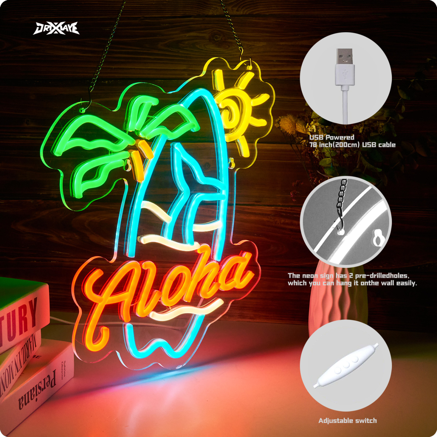 Aloha Palm Tree Tiki Bar Hawaiian Neon Sign for Wall Decor - Dimmable USB Powered