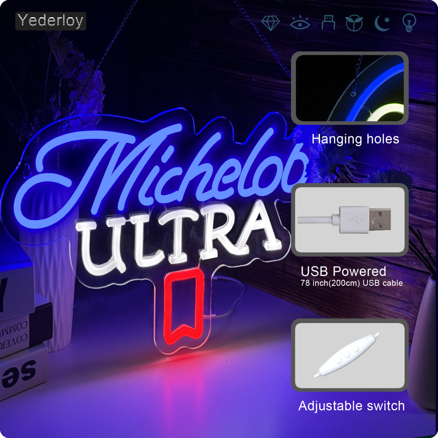 Beer Neon Sign Michelob Neon Light USB Powered Dimmable Man Cave Cafe Bistro Club Party Beer Bar Restaurant Decor