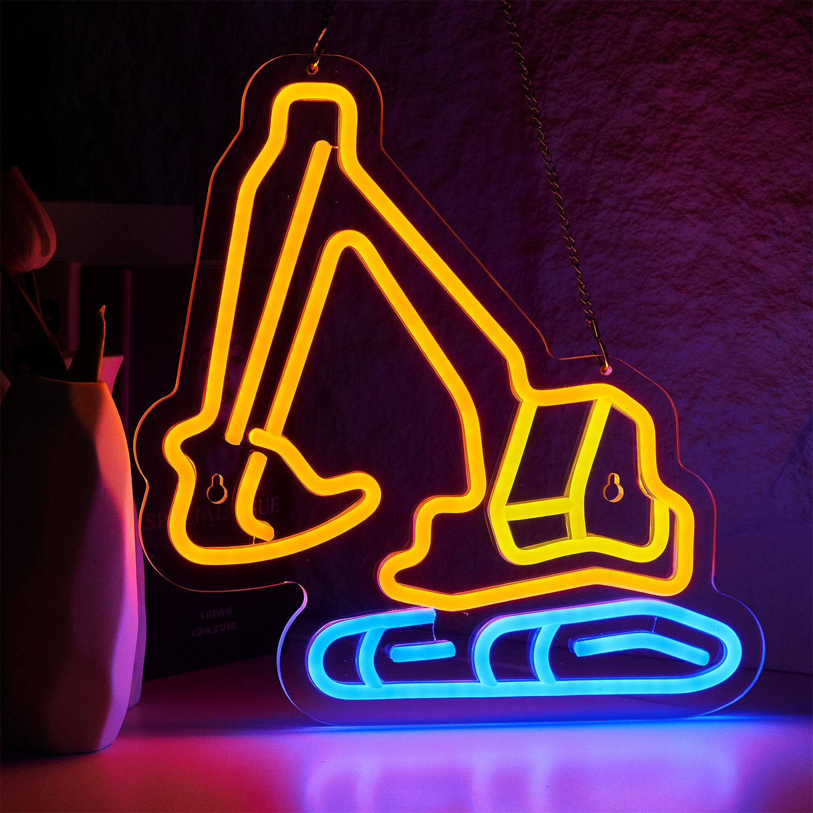 Engineering Vehicle Neon Sign for Wall Decor excavator LED neon sign Teen Room Decor Gifts for Birthday Kids Room Art Decor Boys Room Decor Playroom Decor (Orange+Yellow+Blue)