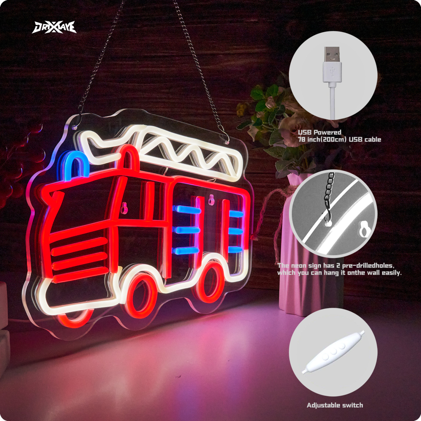 Fire Fighting Truck Neon Sign for Wall Decor Teen Room Decor Gifts for Birthday Kids Boys Playroom Decor (Red+White Fire Fighting Truck)