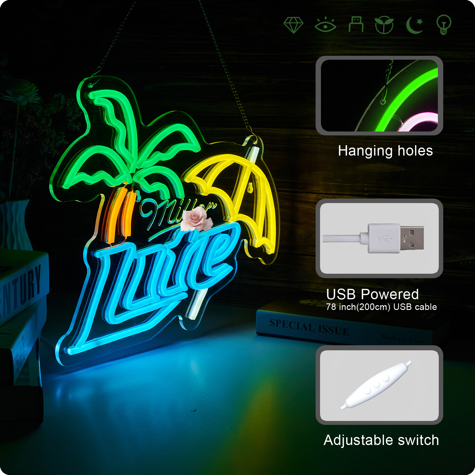 Beer Neon Sign Miller Neon Light USB Powered Dimmable Man Cave Cafe Bistro Club Party Beer Bar Restaurant Decor