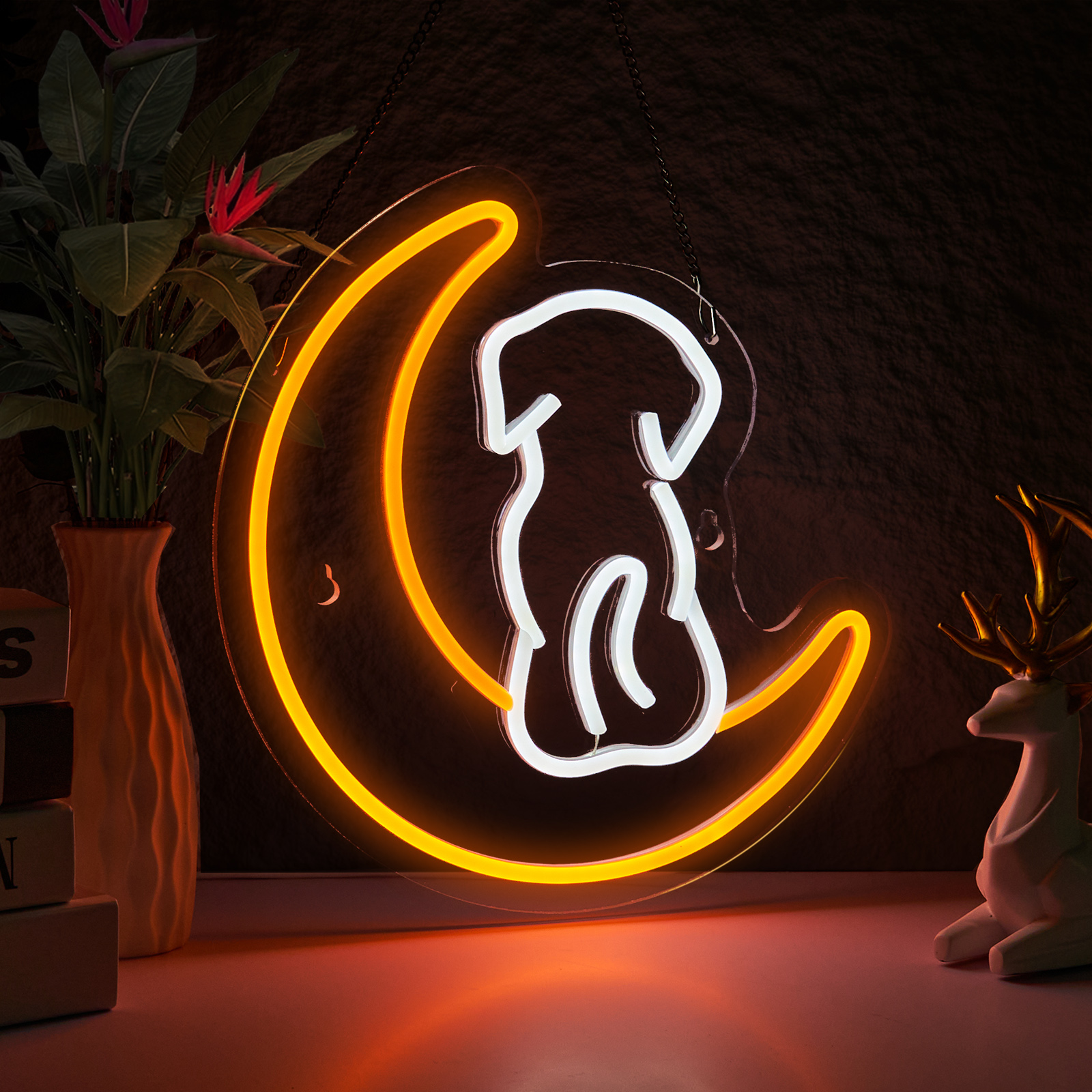 Dog Neon Sign Moon LED Lights for Wall Decor Teen Gifts for Birthday Kids Boys Room Decor Playroom Bedroom Decor