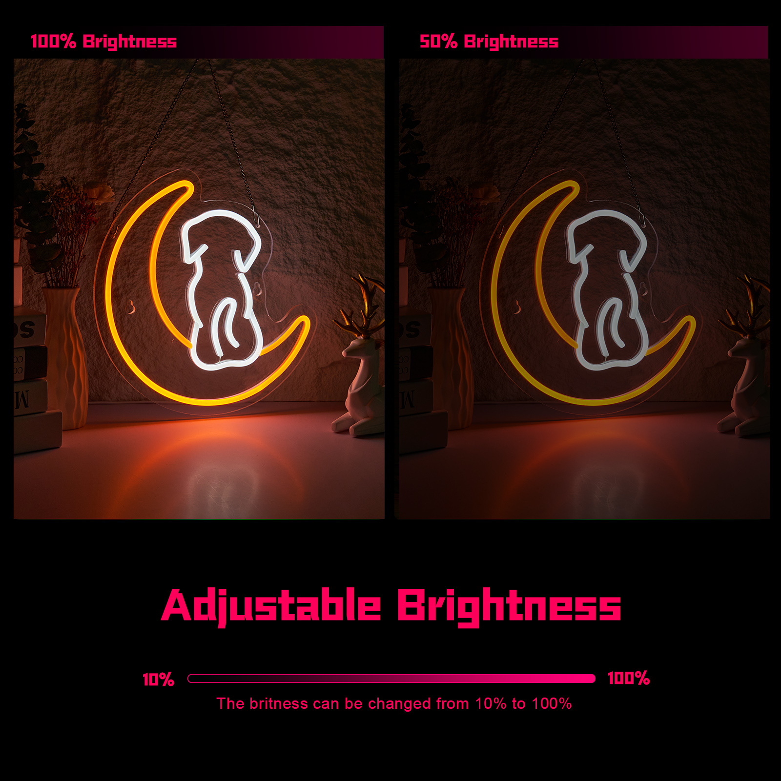 Dog Neon Sign Moon LED Lights for Wall Decor Teen Gifts for Birthday Kids Boys Room Decor Playroom Bedroom Decor