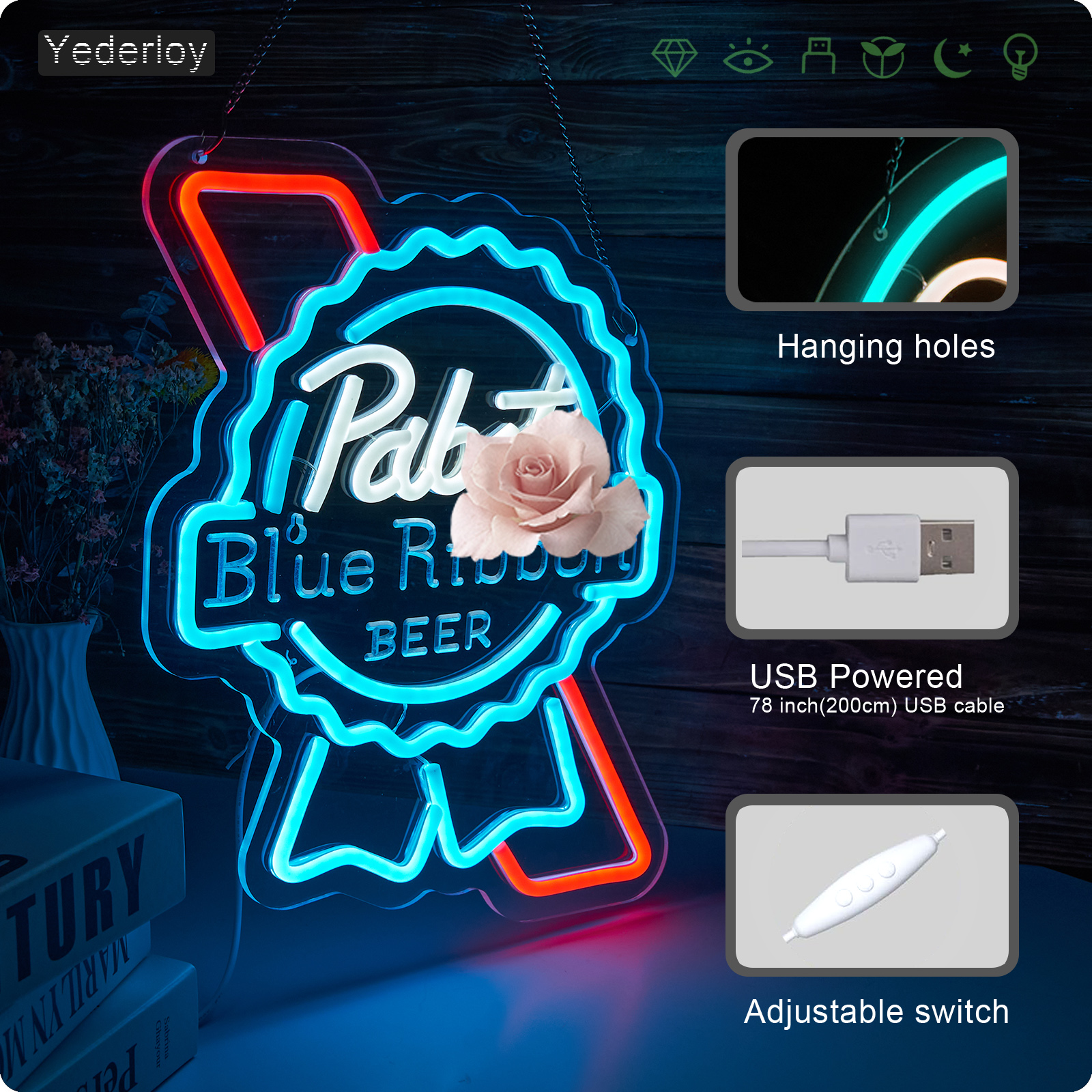 Beer Neon Sign Pabst Neon Light USB Powered Dimmable Man Cave Cafe Bistro Club Party Beer Bar Restaurant Decor