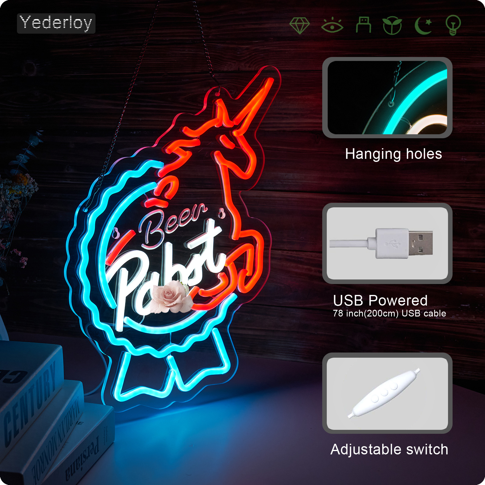 Beer Neon Sign Pabst Neon Light USB Powered Dimmable Man Cave Cafe Bistro Club Party Beer Bar Restaurant Decor