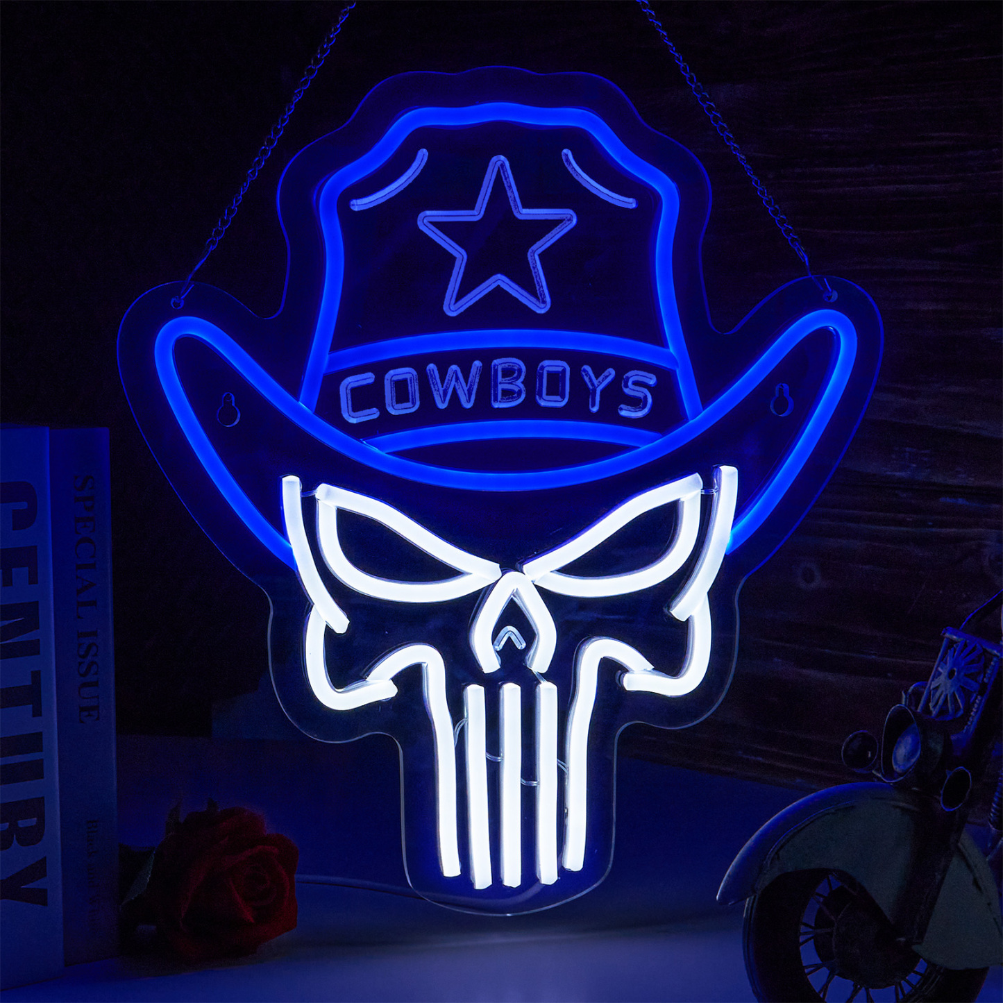 Cowboy neon sign Skull LED Sign Punisher Neon Light for wall decor Skeleton Neon Light Teen Room Decor Hip Hop Party Signs for Bedroom Man Cave Bar Store Home Party Gifts Art Decor(Blue + White Skull)