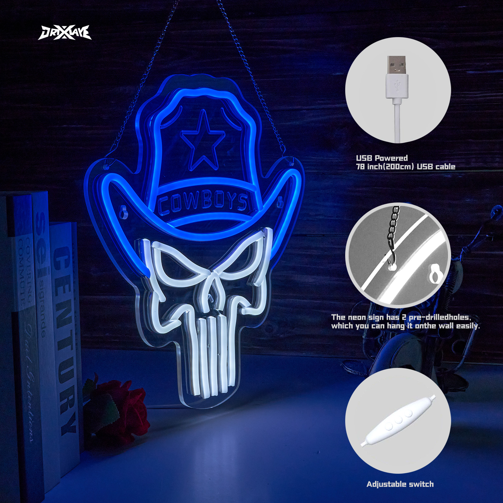 Cowboy neon sign Skull LED Sign Punisher Neon Light for wall decor Skeleton Neon Light Teen Room Decor Hip Hop Party Signs for Bedroom Man Cave Bar Store Home Party Gifts Art Decor(Blue + White Skull)