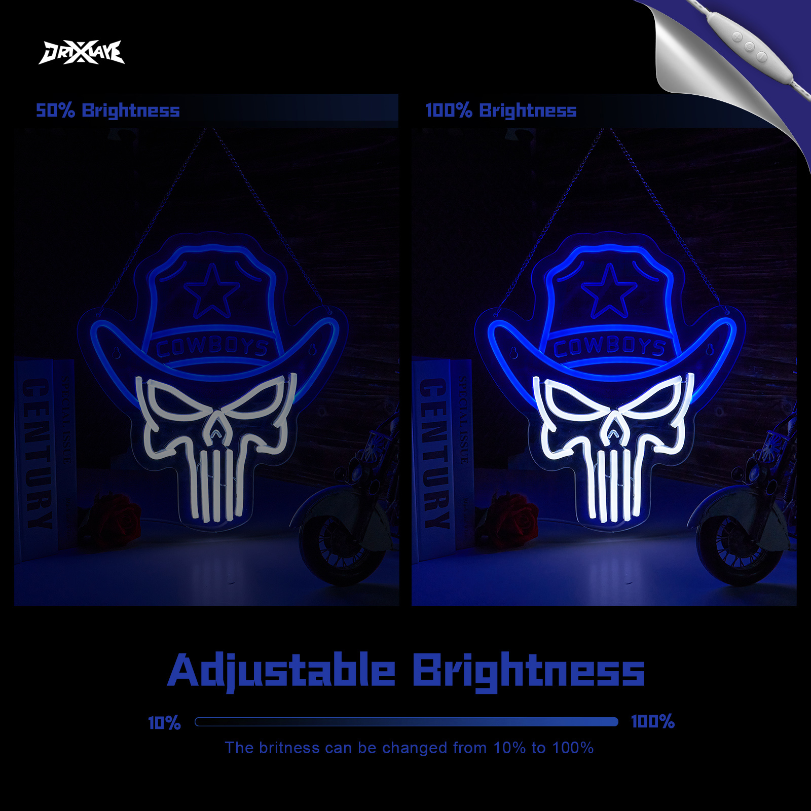 Cowboy neon sign Skull LED Sign Punisher Neon Light for wall decor Skeleton Neon Light Teen Room Decor Hip Hop Party Signs for Bedroom Man Cave Bar Store Home Party Gifts Art Decor(Blue + White Skull)