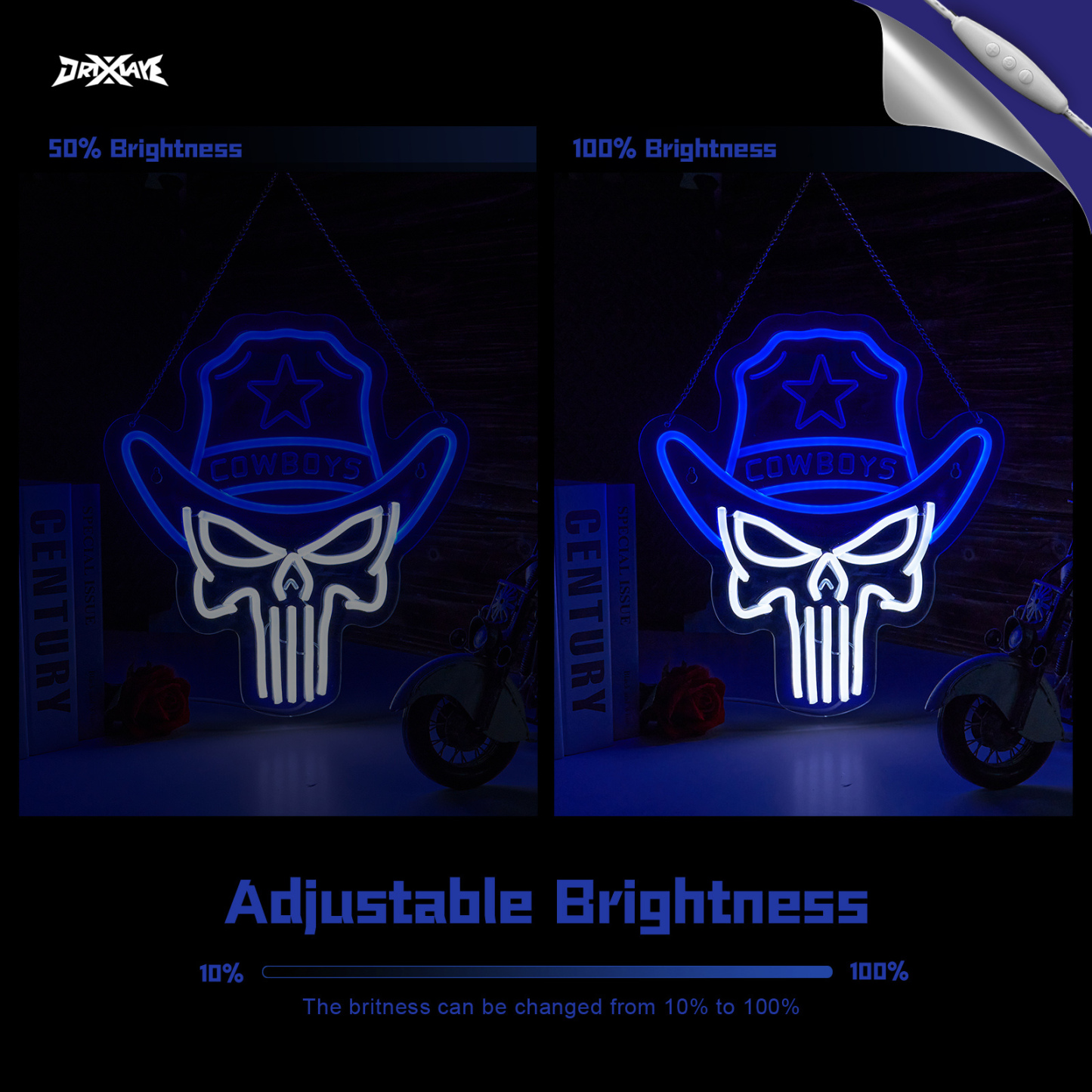 Cowboy neon sign Skull LED Sign Punisher Neon Light for wall decor Skeleton Neon Light Teen Room Decor Hip Hop Party Signs for Bedroom Man Cave Bar Store Home Party Gifts Art Decor(Blue + White Skull)