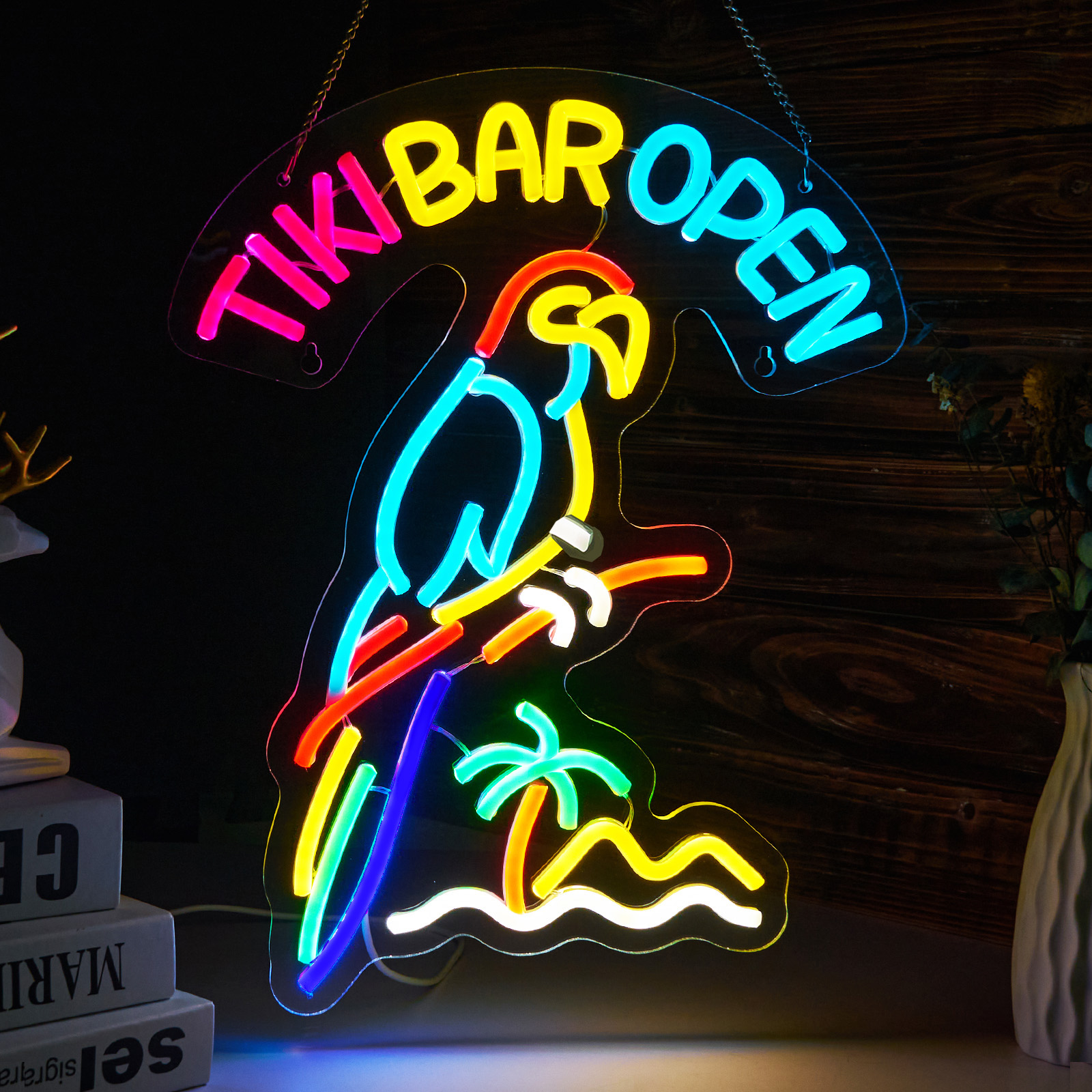 Tiki Bar Parrot Neon Sign for Wall Decor Hawaii Beach Bar LED Sign with Dimmer for Pub Party Man Cave Room Art Decor Gift USB-Powered (16.1x12.6) Inch