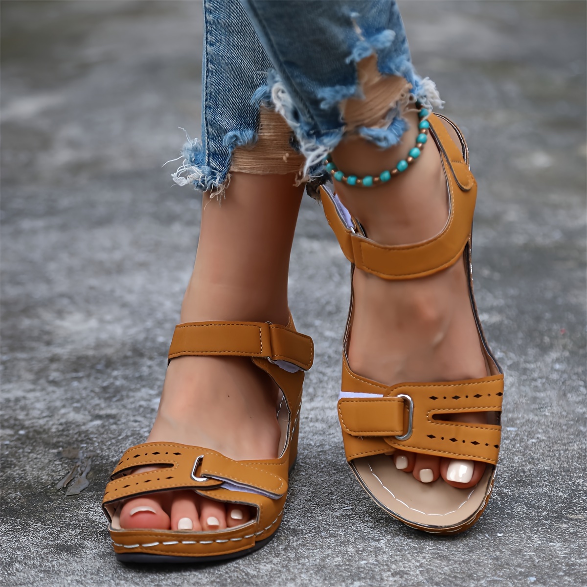 Comfyfleek Hook & Loop Ankle Strap Wedge Sport Sandals