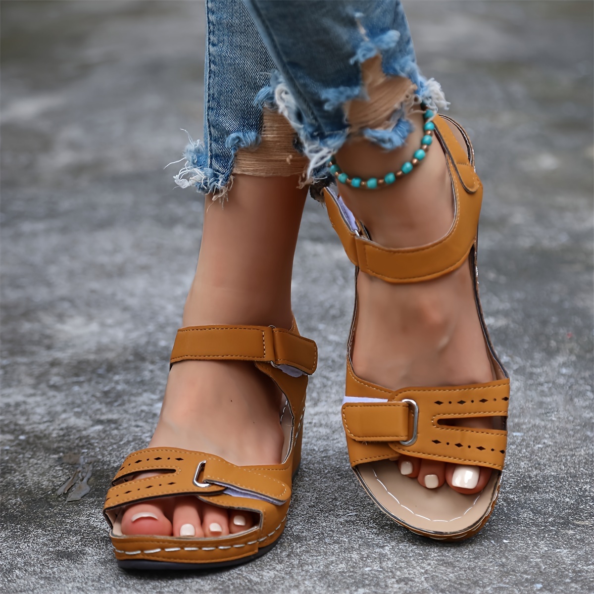 Comfyfleek Hook & Loop Ankle Strap Wedge Sport Sandals