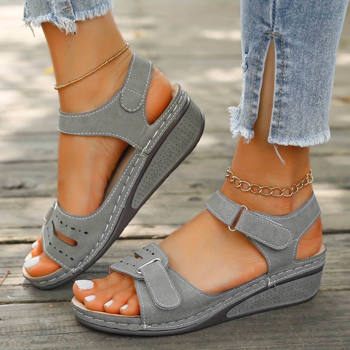 Comfyfleek Hook & Loop Ankle Strap Wedge Sport Sandals