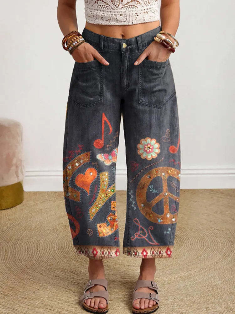 Women's Hippie Style Heart Music Note Art Print Casual Cotton Trousers