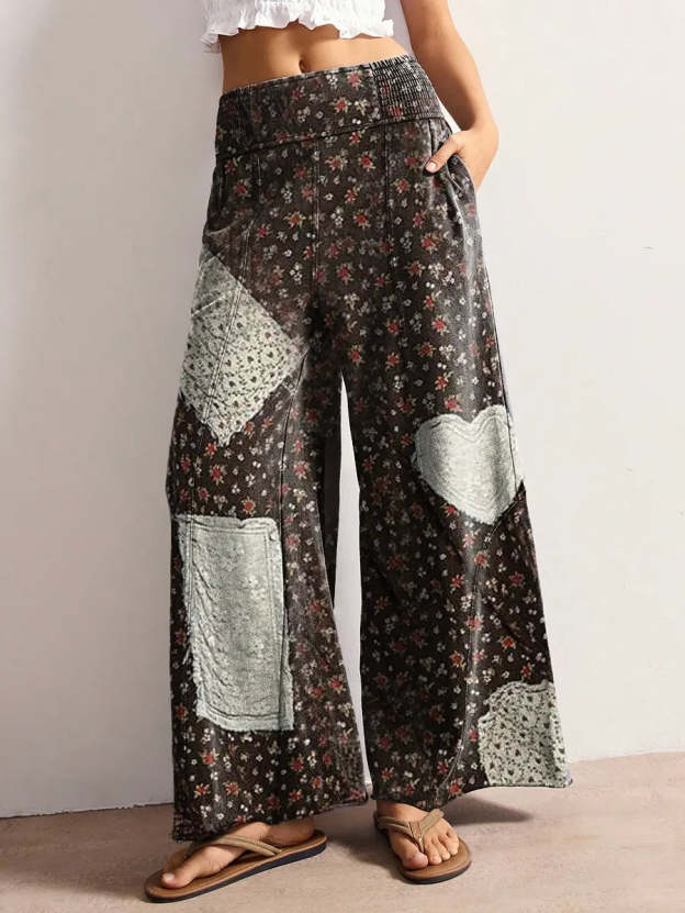 Women's Vintage Floral Patchwork Art Print Stretchy Wide-leg Pants