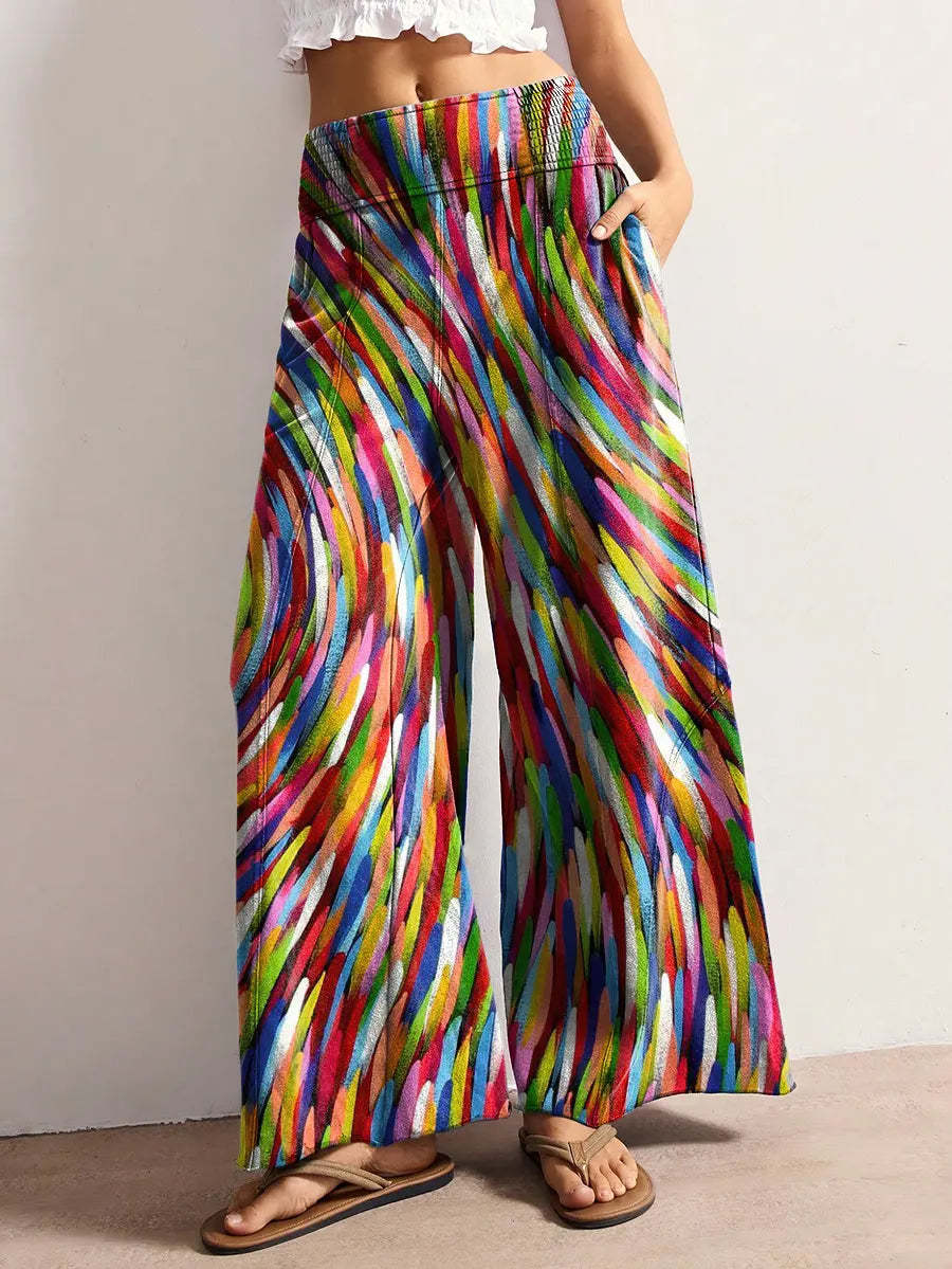 Women's Retro Colorful Line Art Print Stretch Wide-Leg Pants