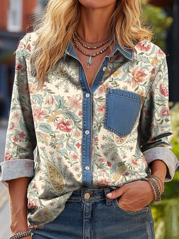 Women's Vintage Paisley Floral Art Print Casual Cotton Denim Pocket Shirt