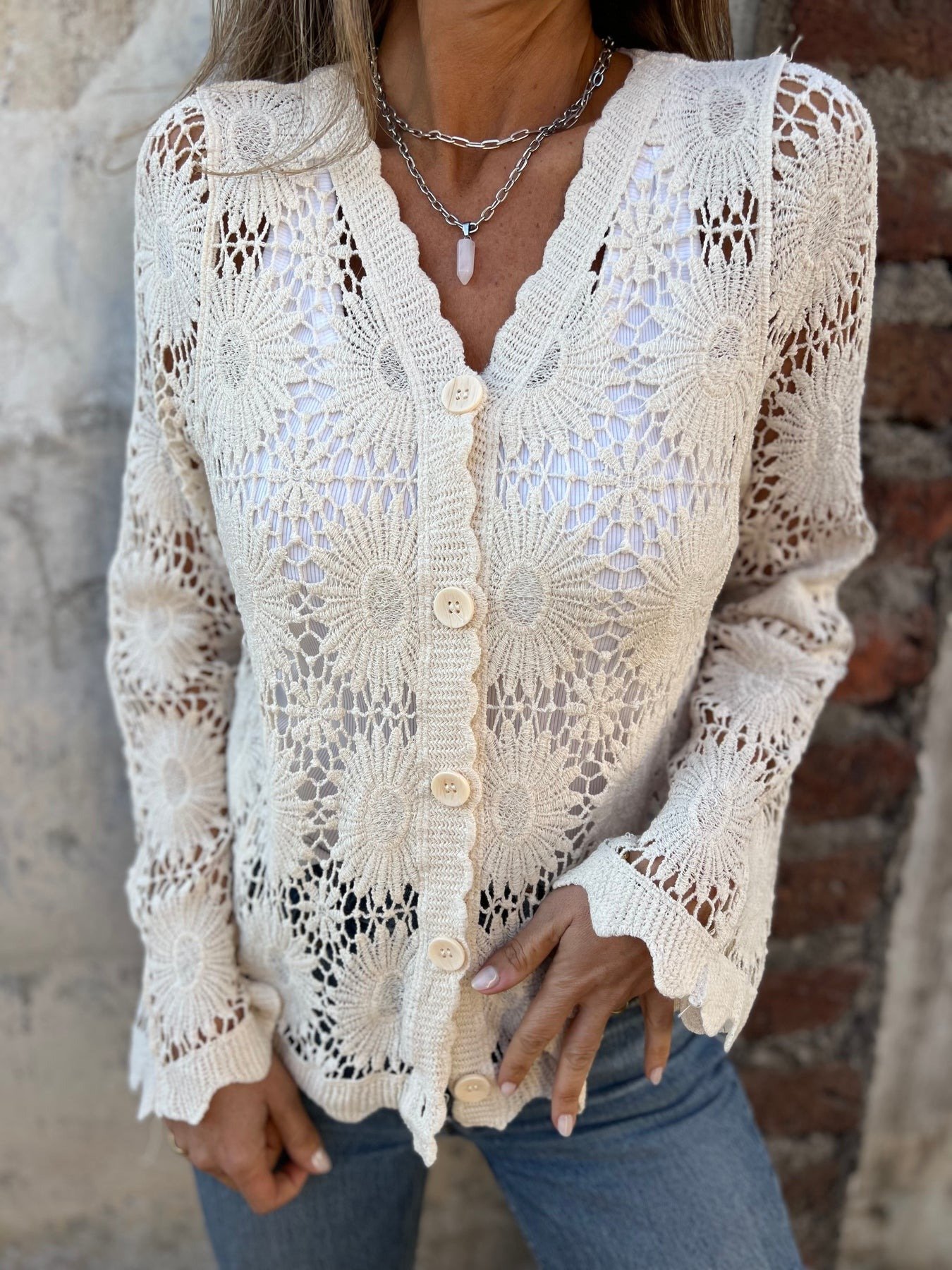 🏆Flash Sale⚡ 50K+ SOLD! Almost Gone-💥Cutout Embroidered V-Neck Button Long Sleeve Top,Best gifts