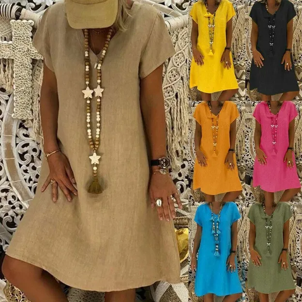 Womens V Neck Cotton Linen Dress Ladies Casual Baggy Plain Tunic Dress Plus Size