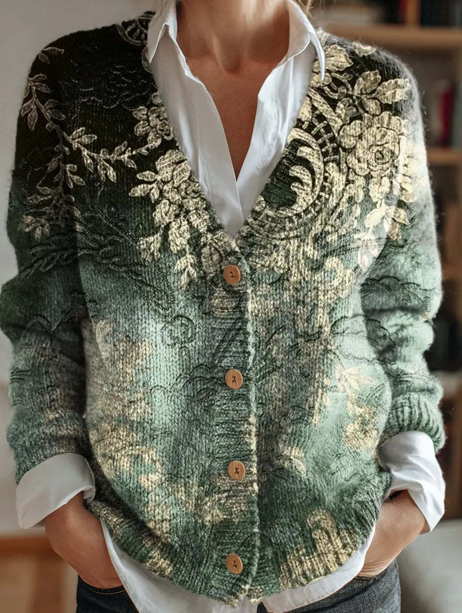 Women's Retro Ethnic Floral Pattern Print V-Neck Button-Up Knit Cardig