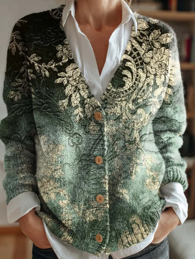 Women's Retro Ethnic Floral Pattern Print V-Neck Button-Up Knit Cardigan
