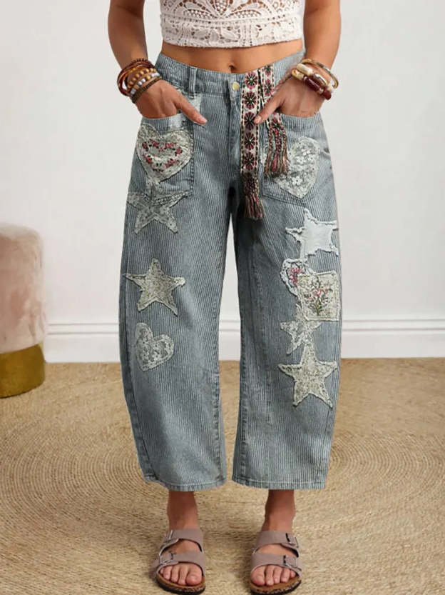 Women's Hippie-style Patchwork Star Art Print Casual Cotton Trousers With Pockets.