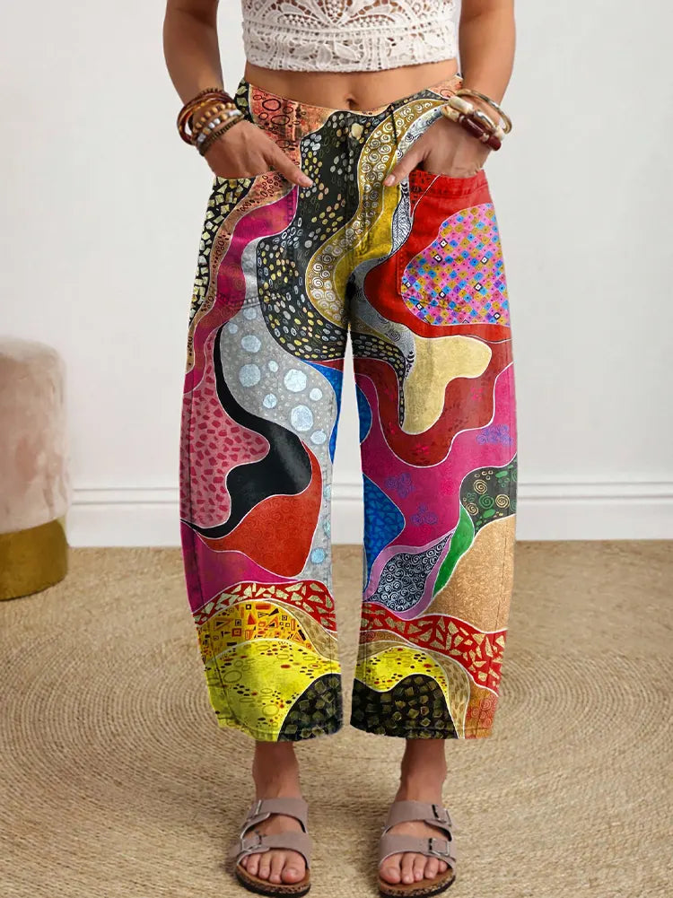 Women's Colorful Abstract Geometric Pattern Art Print Casual Cotton Trousers With Pockets.