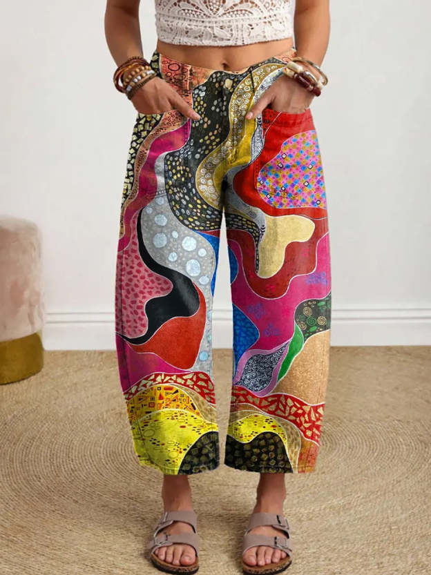 Women's Colorful Abstract Geometric Pattern Art Print Casual Cotton Trousers With Pockets.
