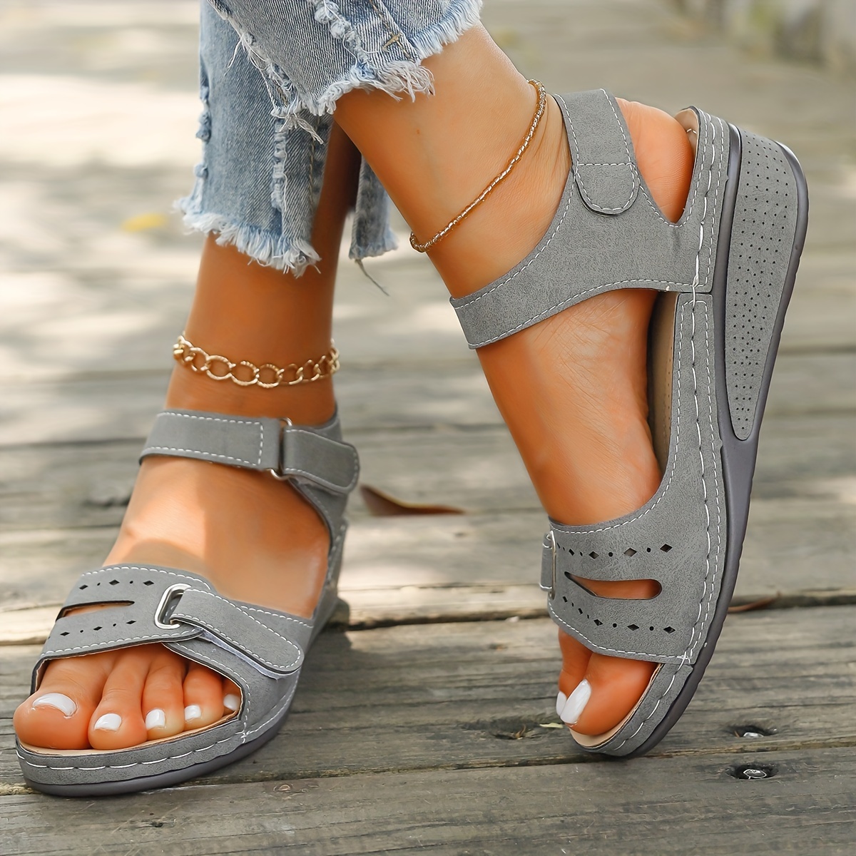 Comfyfleek Hook & Loop Ankle Strap Wedge Sport Sandals