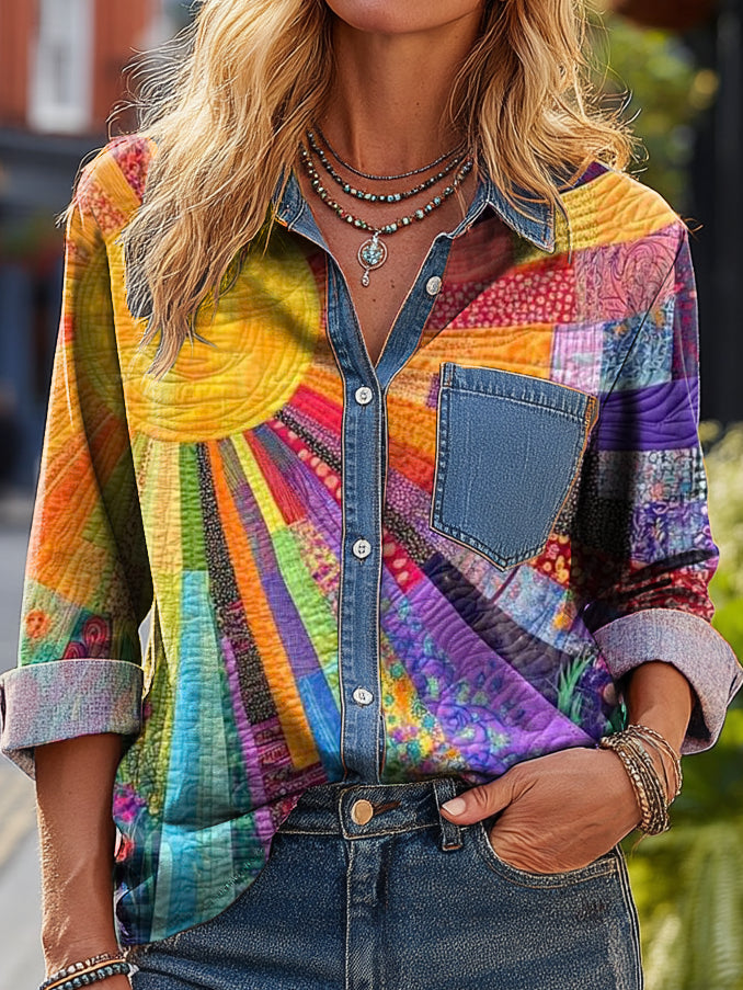 Women's Vintage Bohemian Sun Collage Art Print Casual Cotton Denim Pocket Shirt