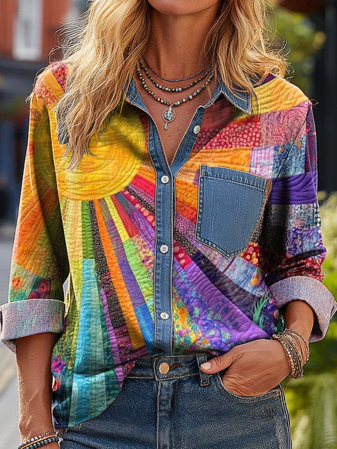 Women's Vintage Bohemian Sun Collage Art Print Casual Cotton Denim Poc