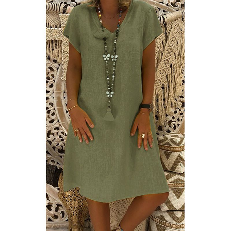 Womens V Neck Cotton Linen Dress Ladies Casual Baggy Plain Tunic Dress Plus Size