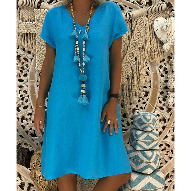Womens V Neck Cotton Linen Dress Ladies Casual Baggy Plain Tunic Dress Plus Size