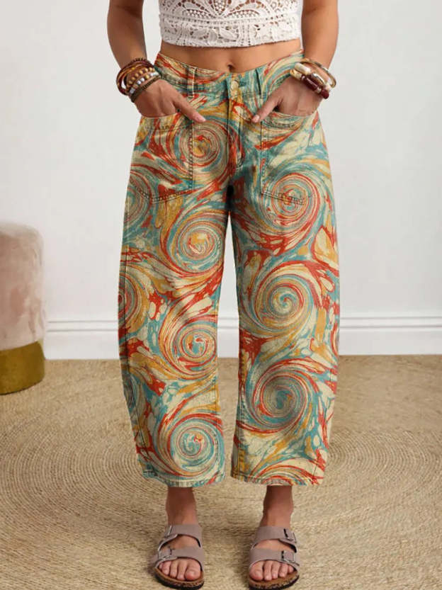 Women's Bohemian Vintage Colorful Swirl Art Print Casual Cotton Trousers With Pockets.