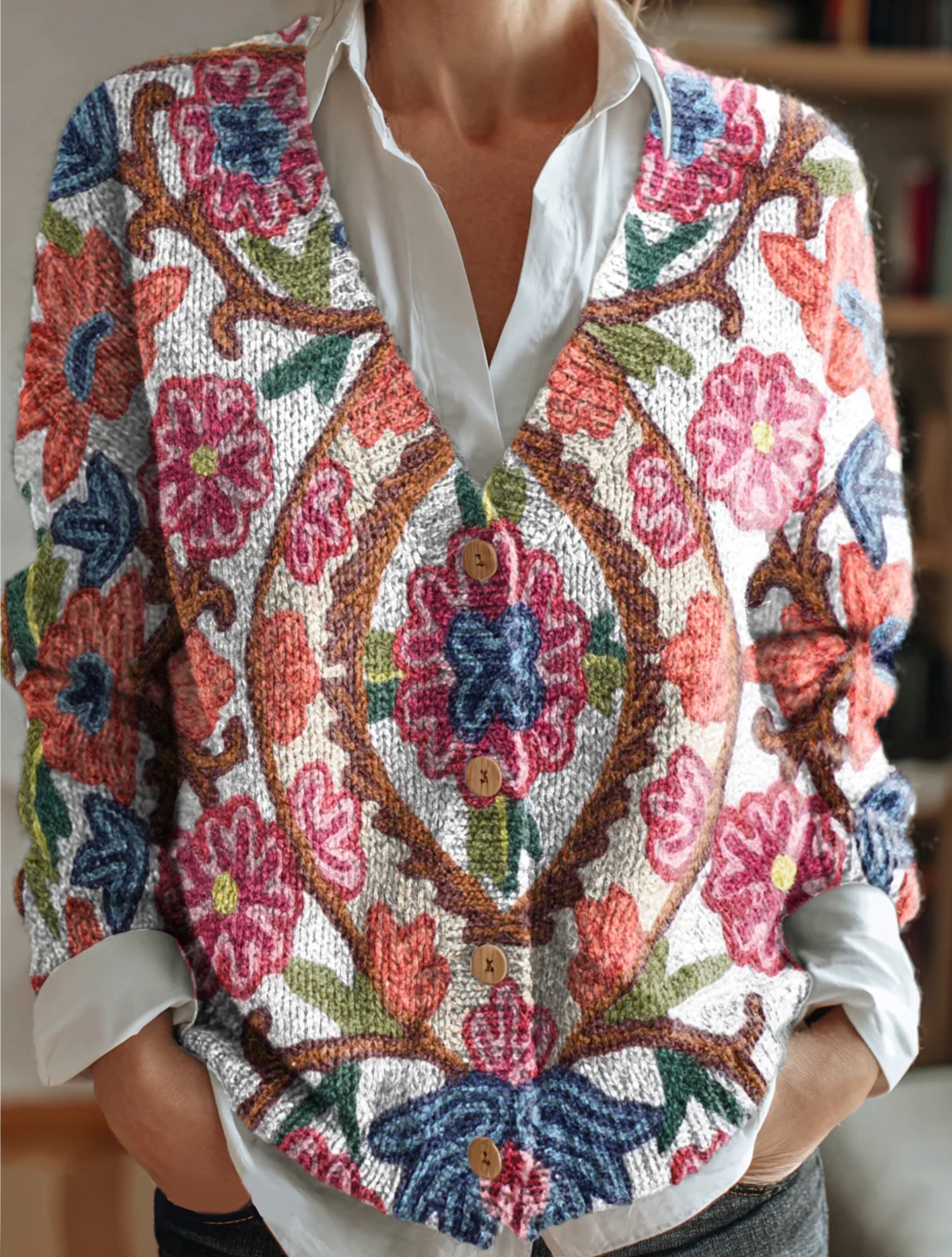 Women's Ethnic Floral Art Pattern Print Buttoned V-neck Cardigan Sweater