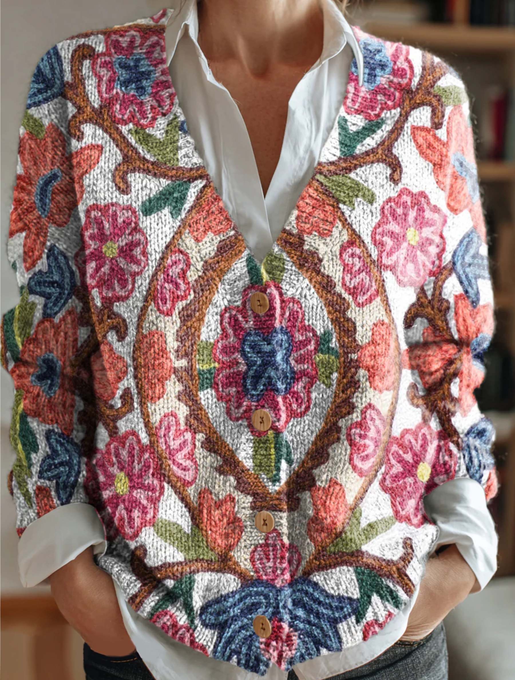 Women's Ethnic Floral Art Pattern Print Buttoned V-neck Cardigan Sweat